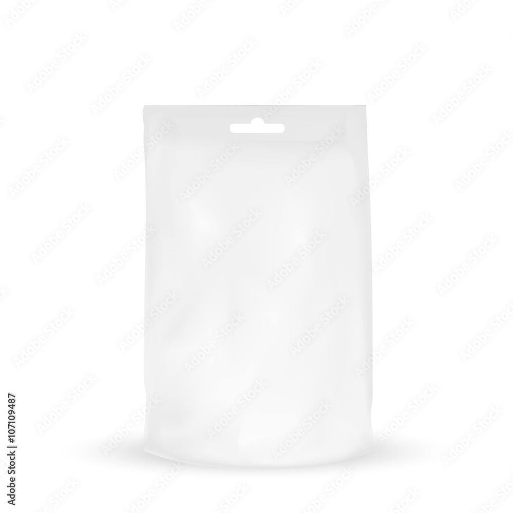 VECTOR PACKAGING: White gray packaging bag with hole to hang for snack or take away, bulk products, tea, coffee, spices on isolated white background. Mock-up template ready for design VECTOR PACKAGING: White gray packaging bag with hole to hang for snack or take away, bulk products, tea, coffee, spices on isolated white background. Mock-up template ready for design