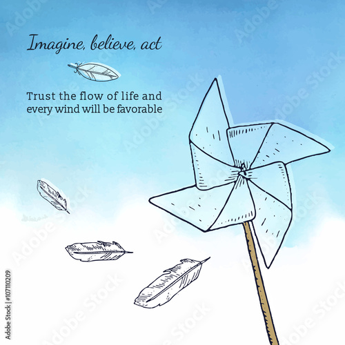 Card template with pinwheel, feathers and inspirational text