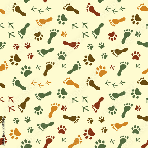 Human and bird feet, cat dog paws colorful seamless pattern, vector