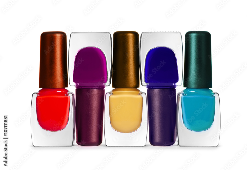 Group of bright nail polishes isolated on white background Group of bright nail polishes isolated on white background