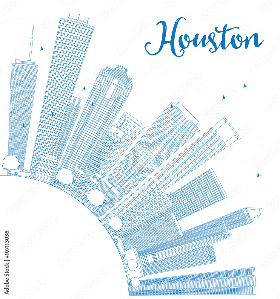 Fototapeta premium Outline Houston Skyline with Blue Buildings.