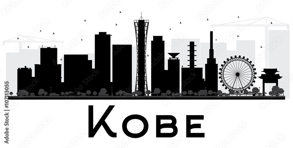 Kobe City skyline black and white silhouette.