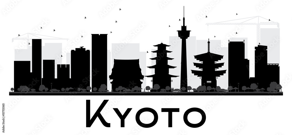 Kyoto City skyline black and white silhouette.