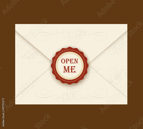 Envelope with rosette seal. Vector illustration. Quote Open me. ideal for invitation envelopes for a wedding or birthday in style Alice in Wonderland