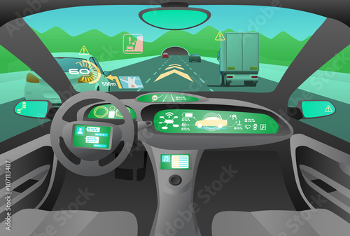 Automobile cockpit, various information monitors and head up displays. Landscape as seen from the car. autonomous car, driverless car, vector illustration