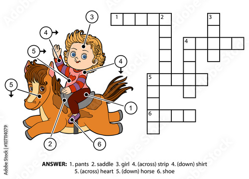 Vector color crossword. Little girl on a horse