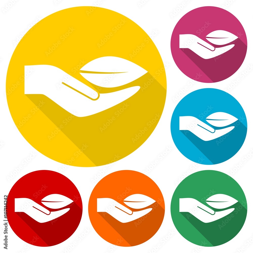 Leaf in hand icons set with long shadow Leaf in hand icons set with long shadow