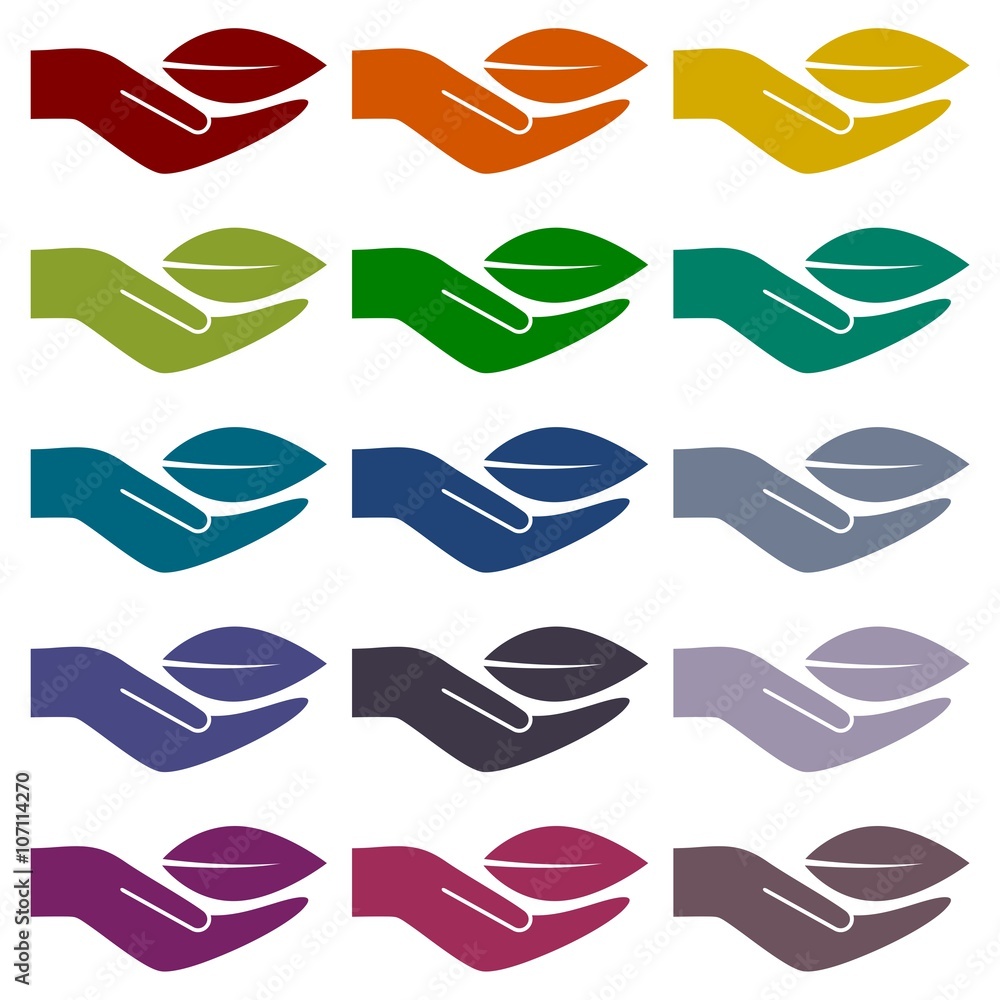Leaf in hand icons set