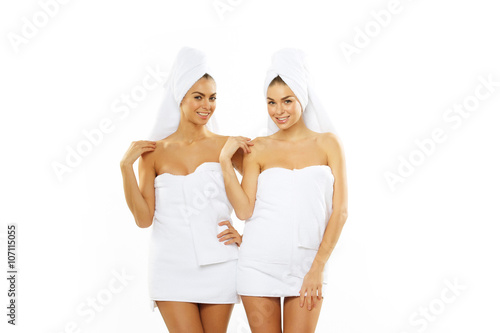 Two happy teen girl after shower