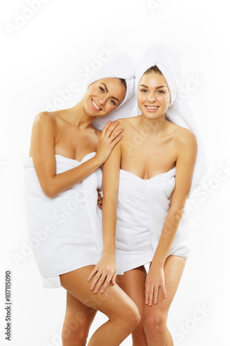 Two happy teen girl after shower