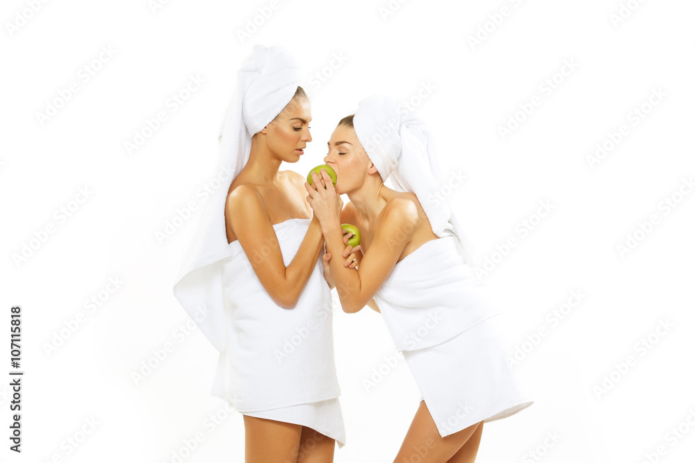 Two happy teen girl after shower Two happy teen girl after shower