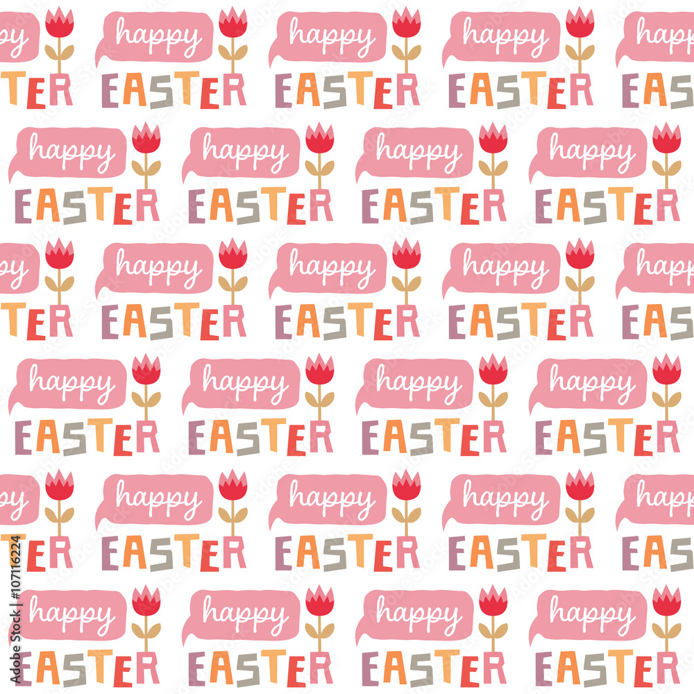 Cute seamless holiday background pattern with typographic Easter greeting. Pink and red tulips with pink speech bubbles and Happy Easter text banners.