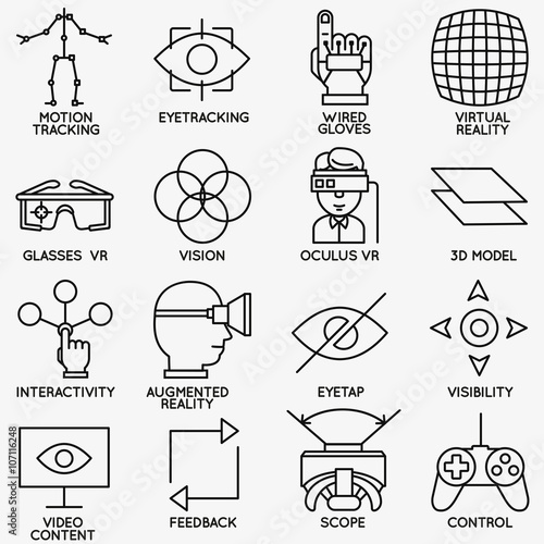 Set of vector linear icons of devices for virtual reality