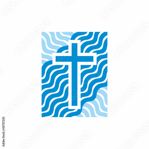 Logo church. Christian symbols. Waves, cross, streams of water alive.