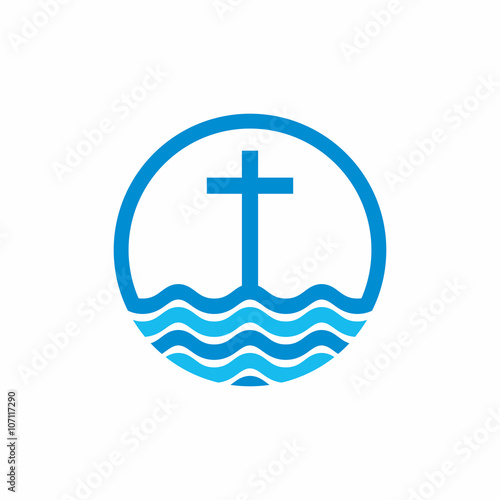 Logo church. Christian symbols. Cross and waves. Jesus - the source of living water.