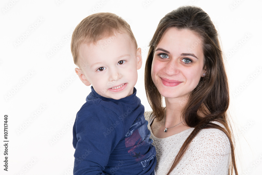 Young mom and her baby boy isolated on white Young mom and her baby boy isolated on white