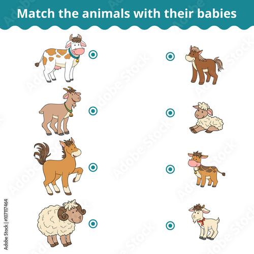Matching game for children, farm animals and babies