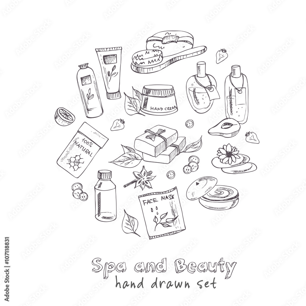 Spa beauty and care vector hand drawn elements. Vector illustration. Useful for gift cards, packaging, design and interior decorating.