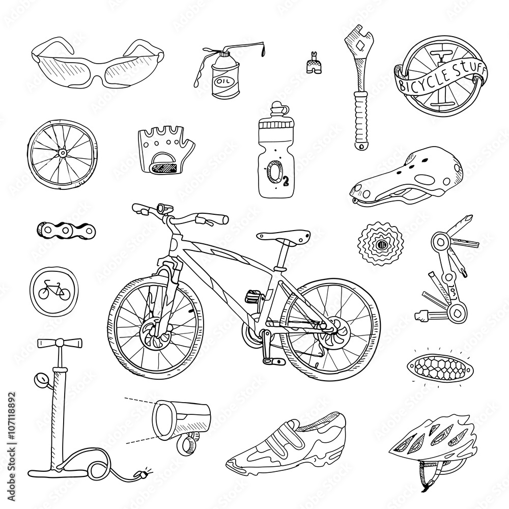 Bicycle stuff. Doodle set in vector isolated on a white background. Bicycle stuff. Doodle set in vector isolated on a white background.