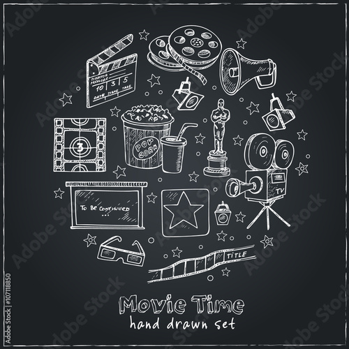 Set of objects and symbols on the cinema theme.  Sketches. Hand-drawing. Vector illustration of for design and packages product. Vector Illustration.
