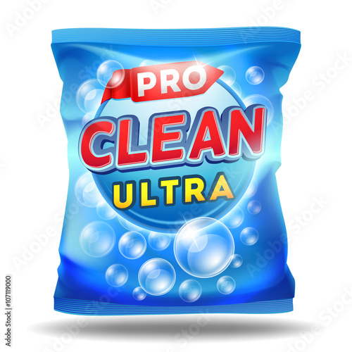 Detergent design template. Vector design of detergent on foil bag package template