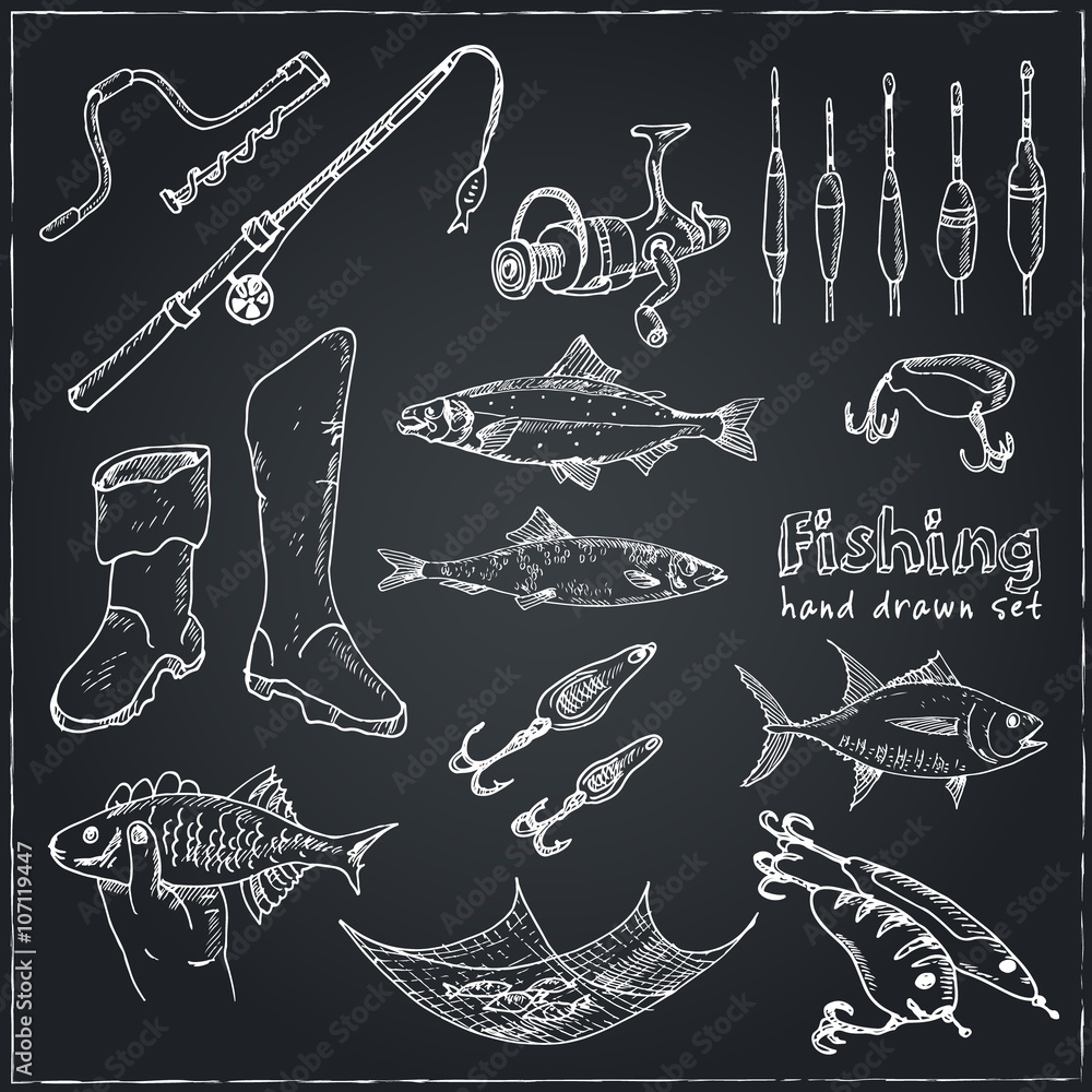 Fishing tackle tools. Sketches. Hand-drawing fishing equipment. Stock  Vector