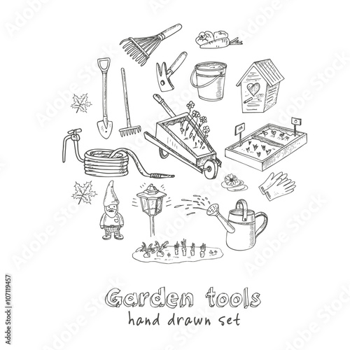 Garden tools doodle set. Various equipment and facilities for gardening and agriculture.
