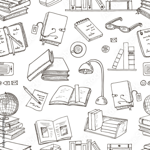 Hand drawn doodle Books Reading seamless pattern.