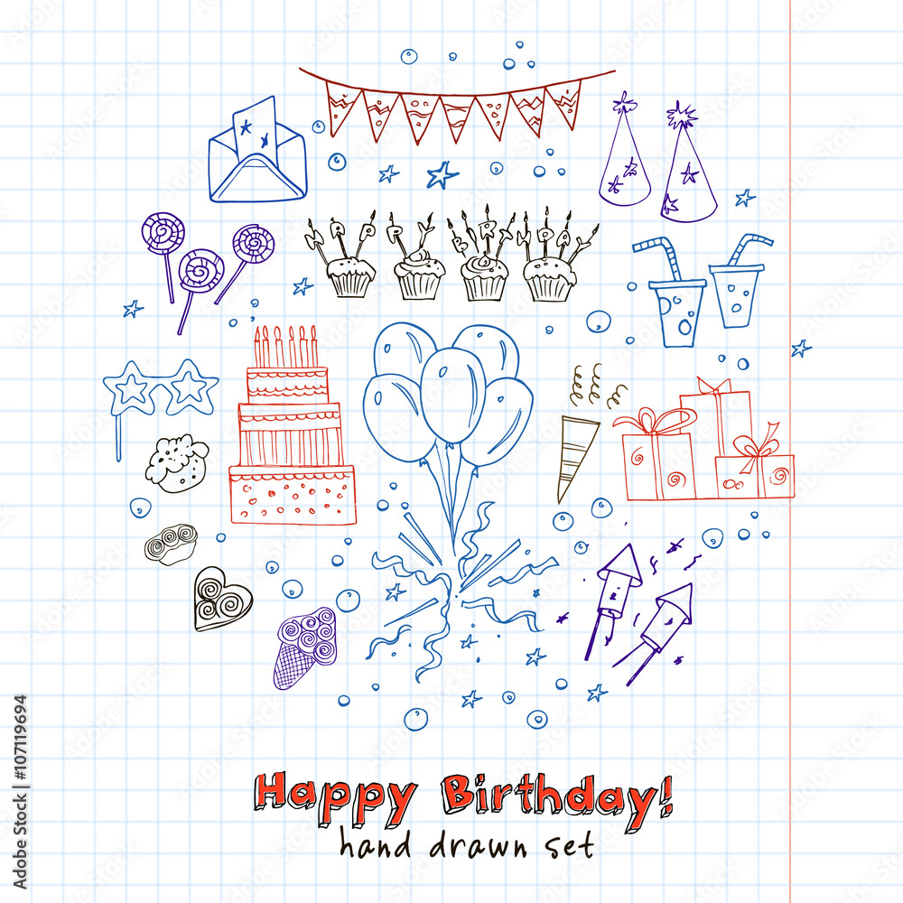 Obraz premium Birthday party doodles elements background. Vector illustration for invitations, design and packages product.