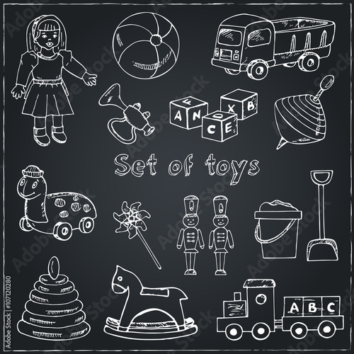 Collection of doodles toys. Vector illustration of toys for design