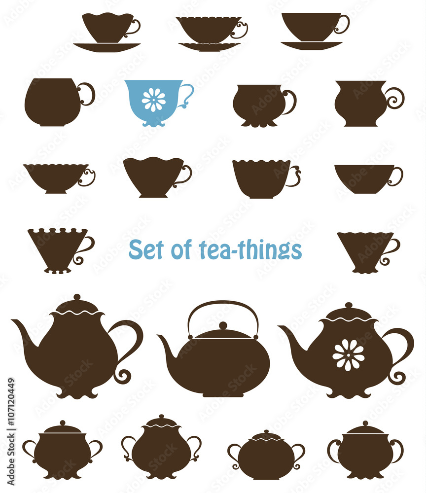 Set of silhouettes of cups, tea-pots and sugar bowls. Vector contour. Set of silhouettes of cups, tea-pots and sugar bowls. Vector contour.