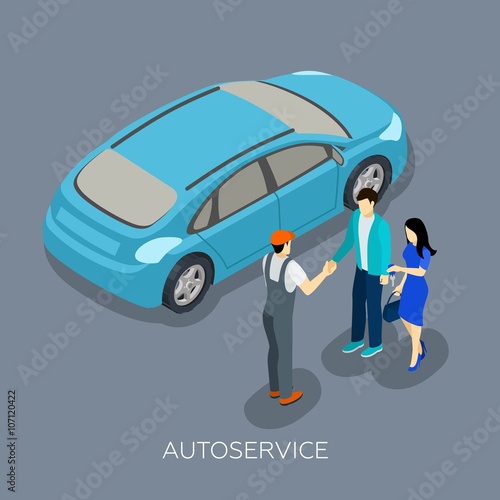 Auto service Isometric Mechanic Customers Composition 