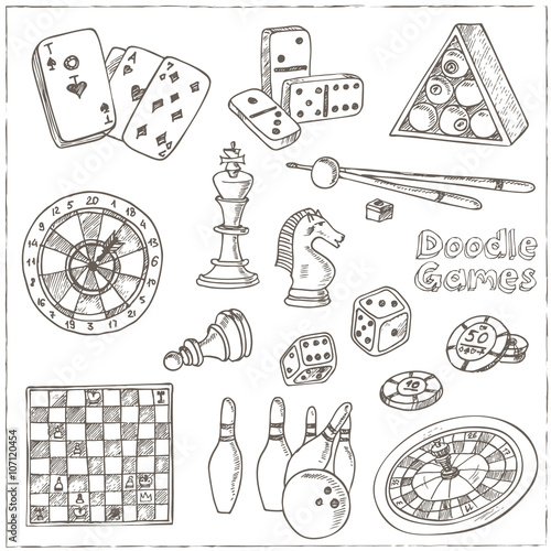 Hand drawn doodle Games set. Chess piece, casino  roulette, cards, billiards.