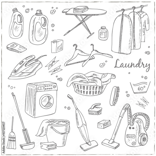 Laundry themed doodle set. Various equipment and facilities for washing, drying and ironing clothes.