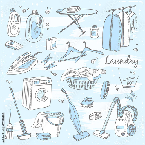 Laundry themed doodle set. Various equipment and facilities for washing, drying and ironing clothes.