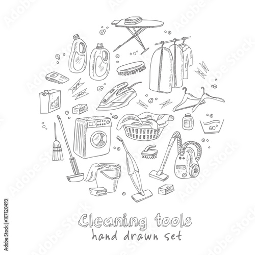 Laundry themed doodle set. Various equipment and facilities for washing, drying and ironing clothes.