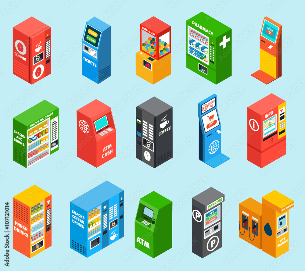 Vending Dispensing Machines Isometric Icons Collection Stock Vector