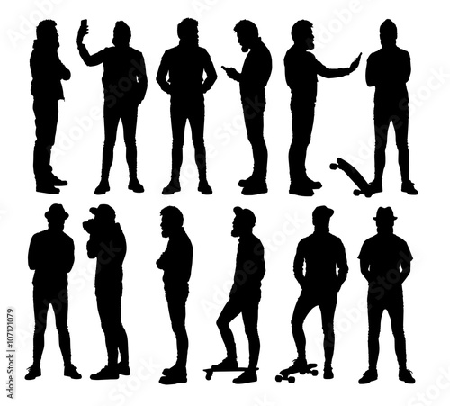 Full body standing hipster in different situations. Set or collection of various bearded man vector silhouettes. 