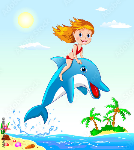 Girl and dolphin.Little girl sits astride a dolphin. Girl playing with a dolphin. 