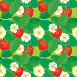 Seamless pattern with Strawberries in heart shapes with flowers