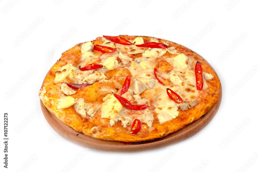 pizza with pineapple and chicken, hot pepper on a white background