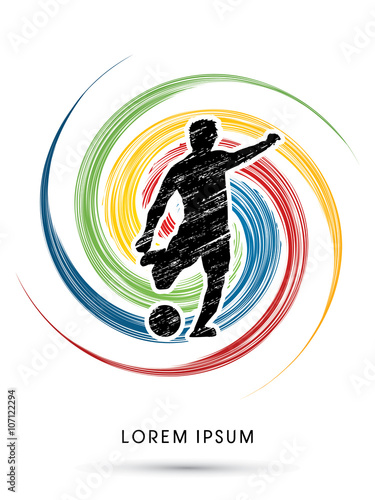Soccer, football, player silhouette, designed using grunge brush on spin circle background graphic vector.
