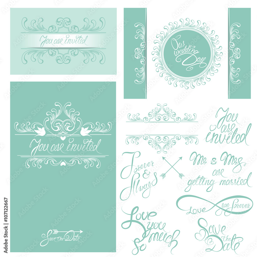 Set of Wedding invitation cards with floral elements, calligraph