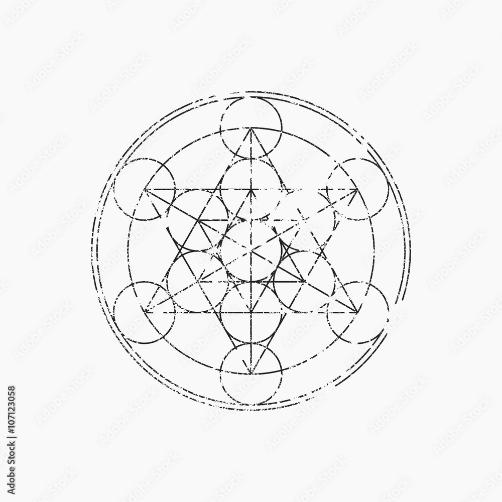 Cube of Metatron, geometric symbol, vector illustration, grunge design