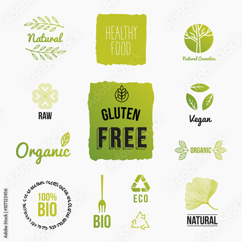 Set of design icons for organic and bio food. Raw vegan, gluten free and bio badges. Vector illustration