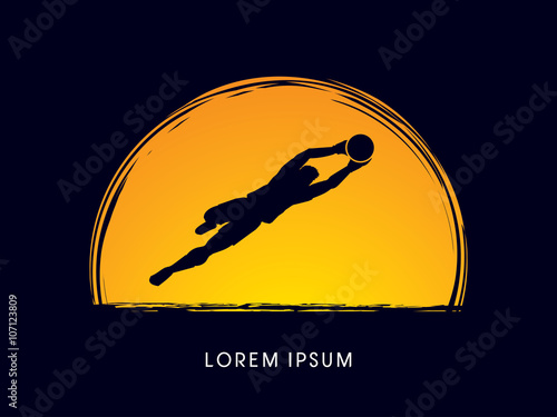 Goalkeeper jumping, catches the ball designed on moonlight graphic vector.
