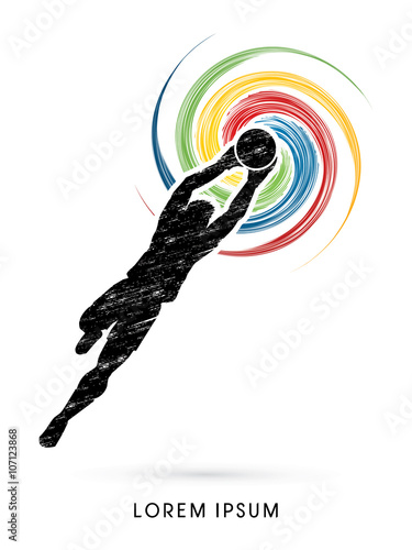 Goalkeeper jumping, catches the ball designed using grunge brush graphic vector.