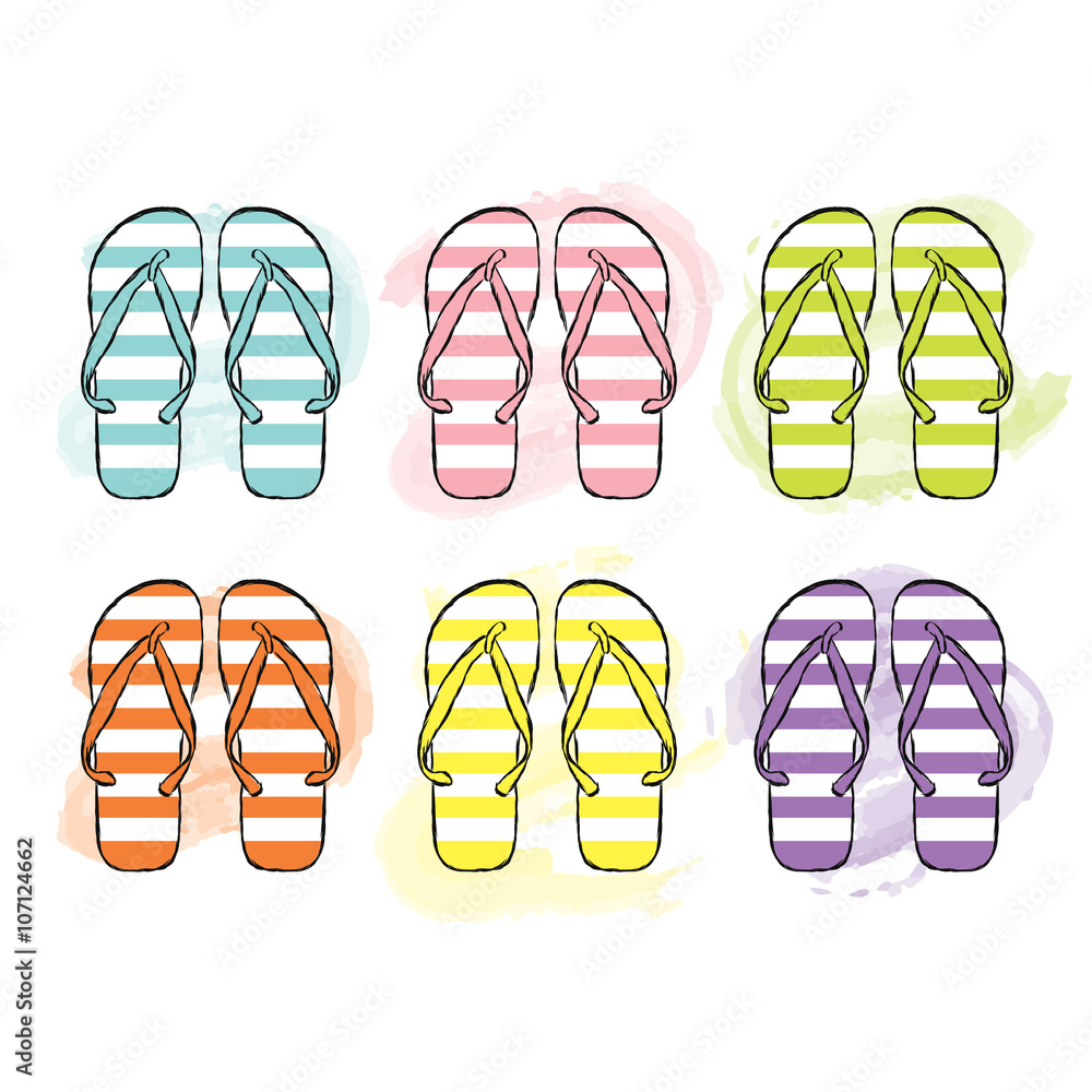 Beach Flip Flops in different colors. Vector illustration. Print on clothing,  bag or card. Fashion & Style. Summer shoes. Stock Vector | Adobe Stock