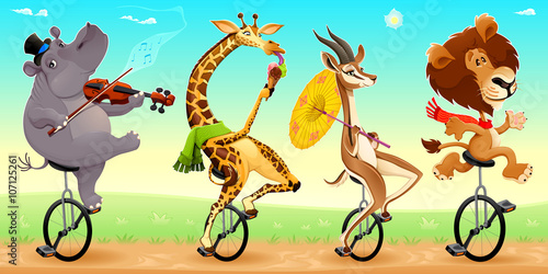 Funny wild animals on unicycles