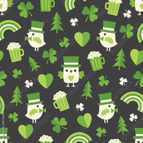 Seamless background pattern with cute Irish icons in green and black. St Patrick's Day, giftwrap, wallpaper, textiles.